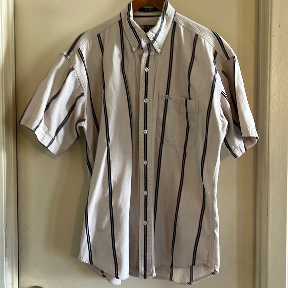 Chaps Ralph Lauren Vintage 1980s Cream Striped Short Sleeve Dress Shirt |M - Picture 1 of 9